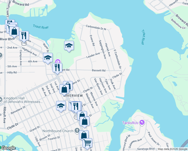 map of restaurants, bars, coffee shops, grocery stores, and more near 1566 Ollie Drive in Jacksonville