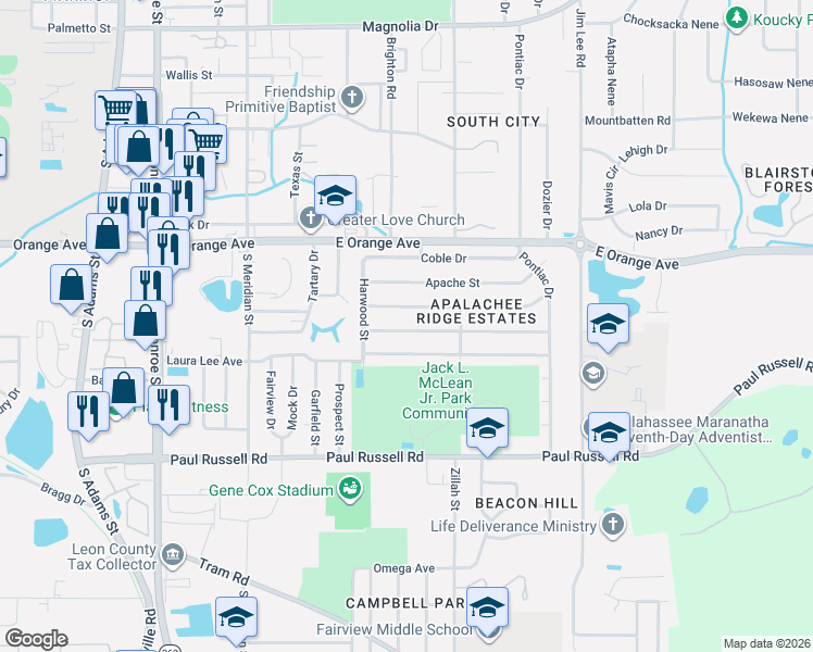 map of restaurants, bars, coffee shops, grocery stores, and more near 709 Kendall Drive in Tallahassee