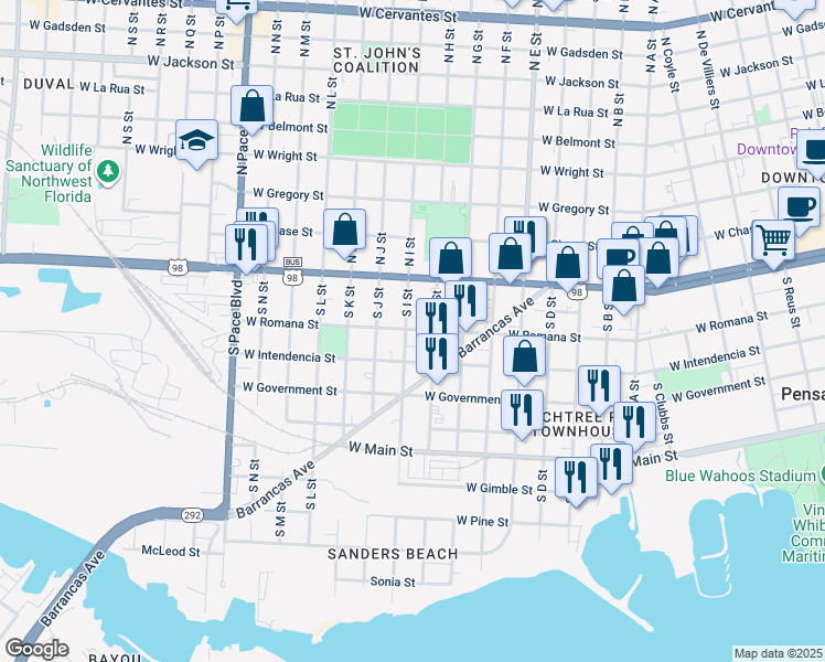 map of restaurants, bars, coffee shops, grocery stores, and more near 201 South I Street in Pensacola