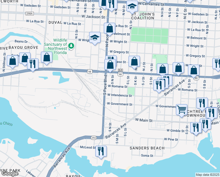 map of restaurants, bars, coffee shops, grocery stores, and more near 270 South Pace Boulevard in Pensacola