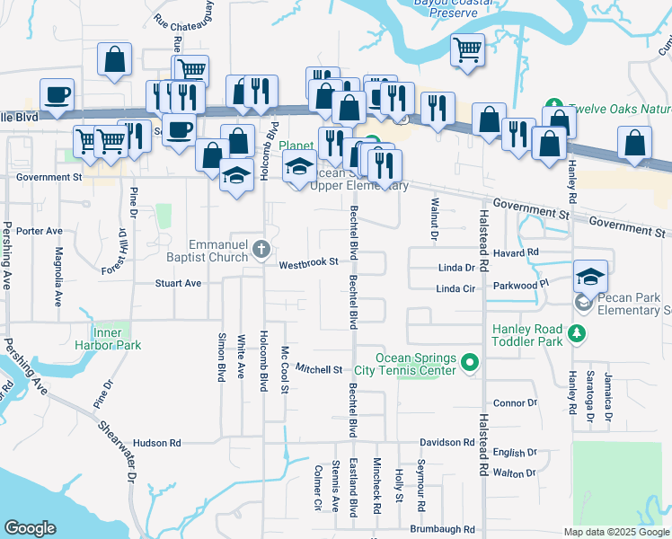 map of restaurants, bars, coffee shops, grocery stores, and more near 421 Bechtel Boulevard in Ocean Springs