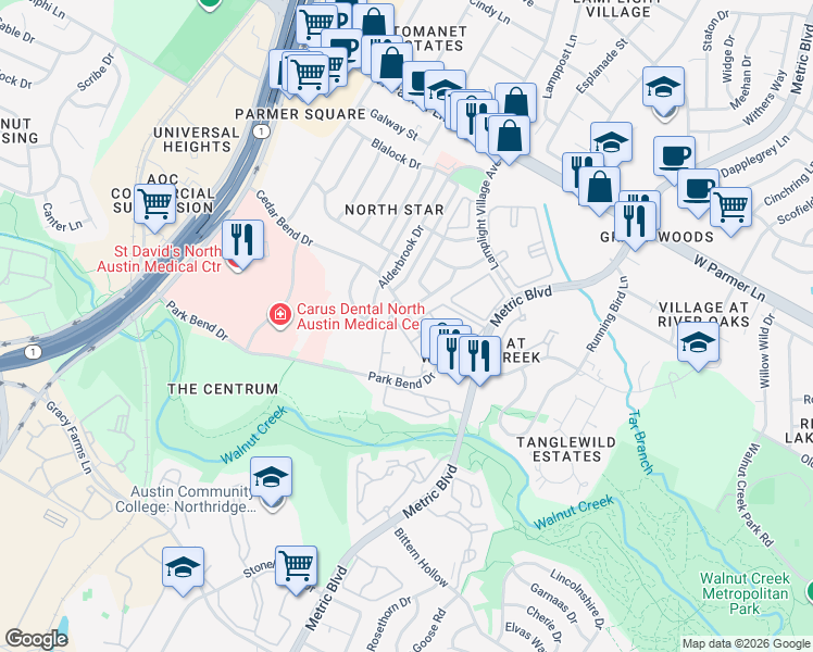 map of restaurants, bars, coffee shops, grocery stores, and more near 2016 Park Lane in Austin
