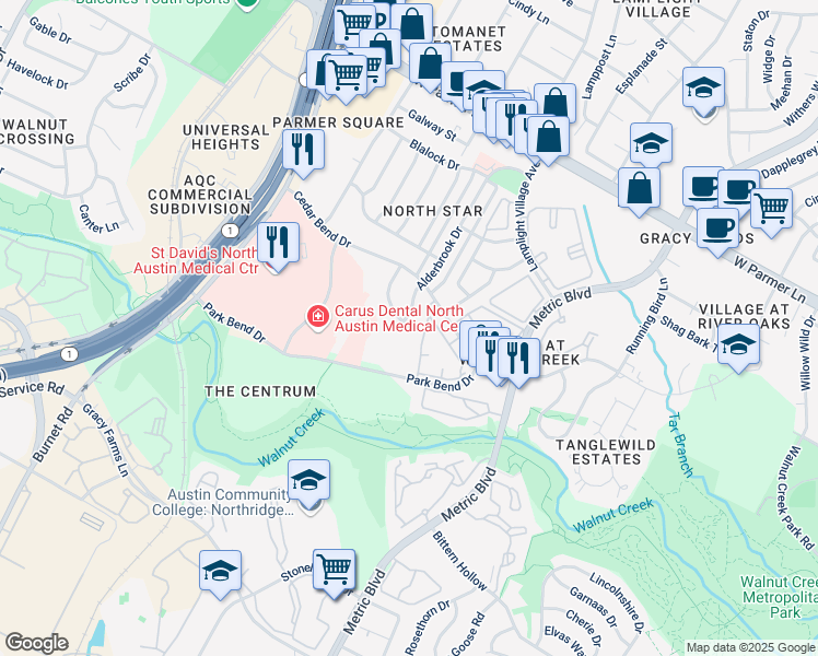 map of restaurants, bars, coffee shops, grocery stores, and more near 12200 Tyson Cove in Austin