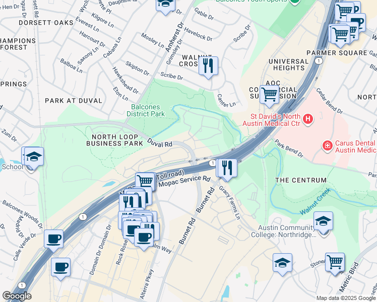 map of restaurants, bars, coffee shops, grocery stores, and more near 3201 Duval Road in Austin