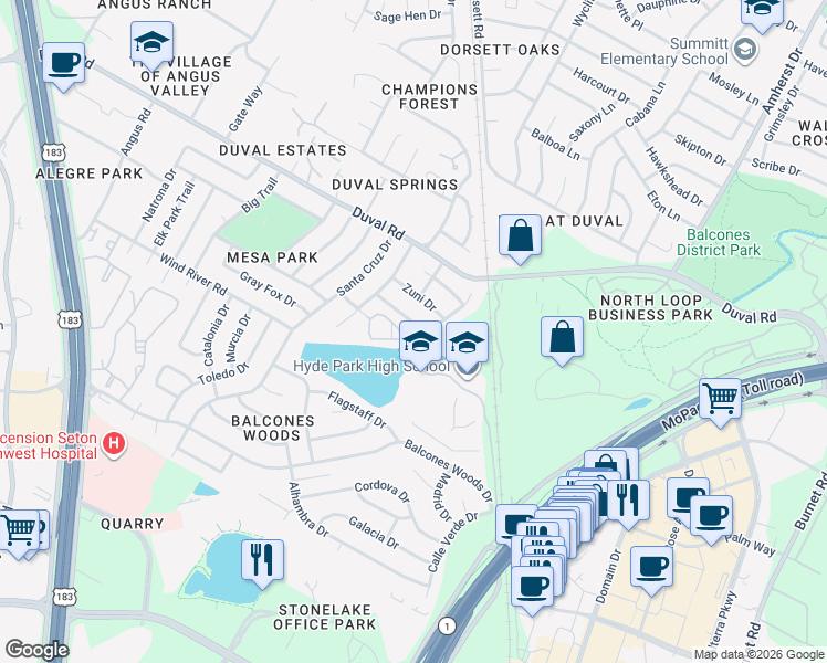 map of restaurants, bars, coffee shops, grocery stores, and more near 4223 Red Cloud Dr in Austin
