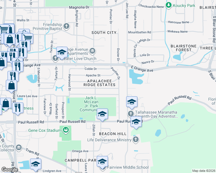 map of restaurants, bars, coffee shops, grocery stores, and more near 926 Kendall Drive in Tallahassee