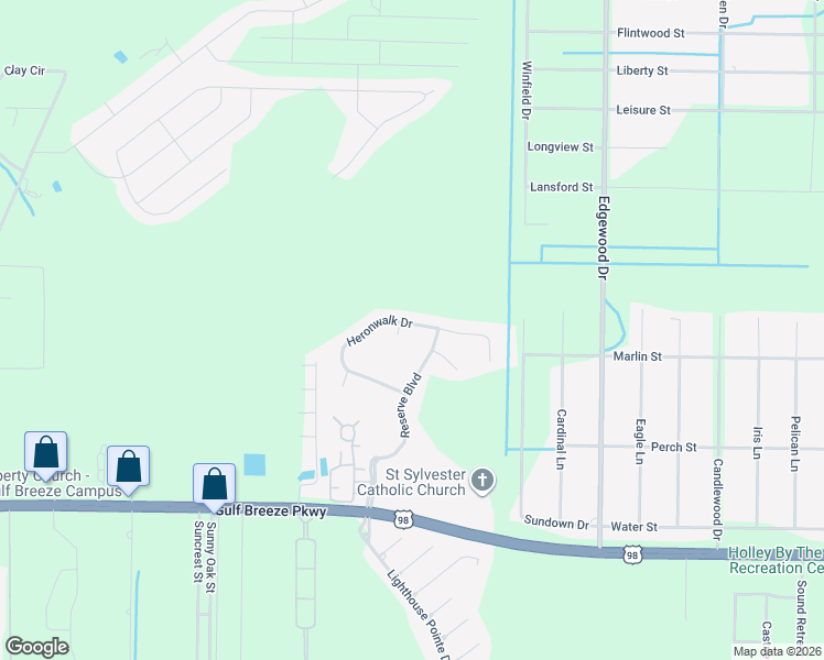 map of restaurants, bars, coffee shops, grocery stores, and more near 6406 Heronwalk Drive in Gulf Breeze