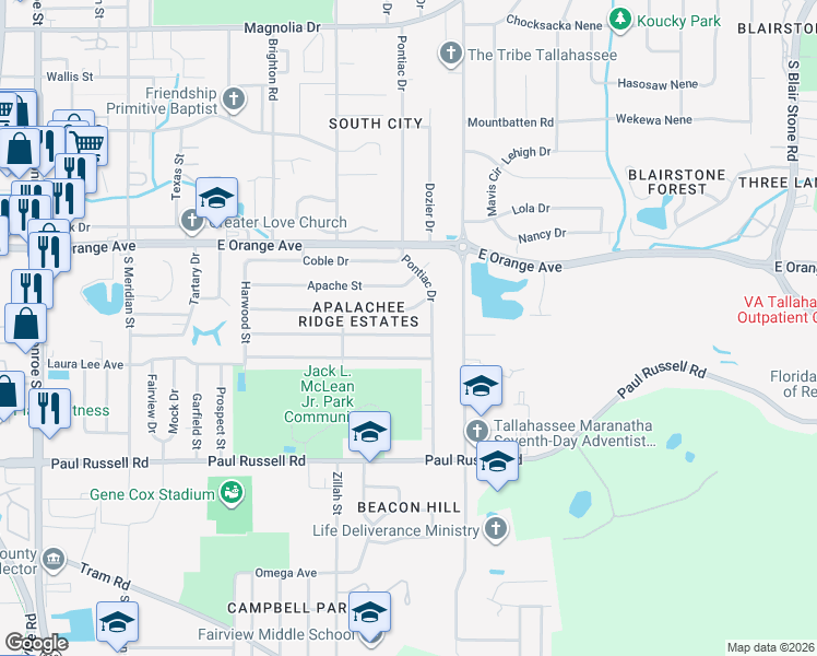 map of restaurants, bars, coffee shops, grocery stores, and more near 937 Kendall Drive in Tallahassee