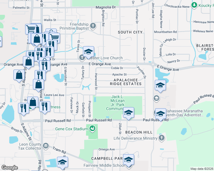 map of restaurants, bars, coffee shops, grocery stores, and more near 709 Kendall Drive in Tallahassee