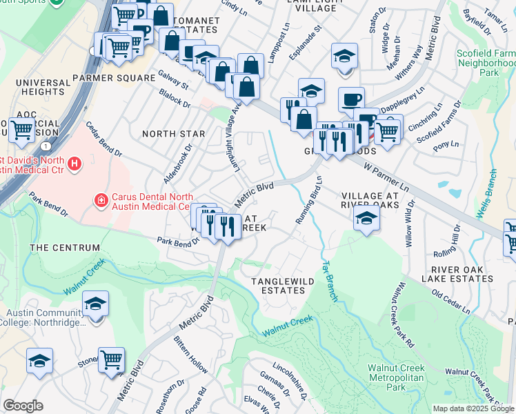 map of restaurants, bars, coffee shops, grocery stores, and more near 12349 Metric Boulevard in Austin