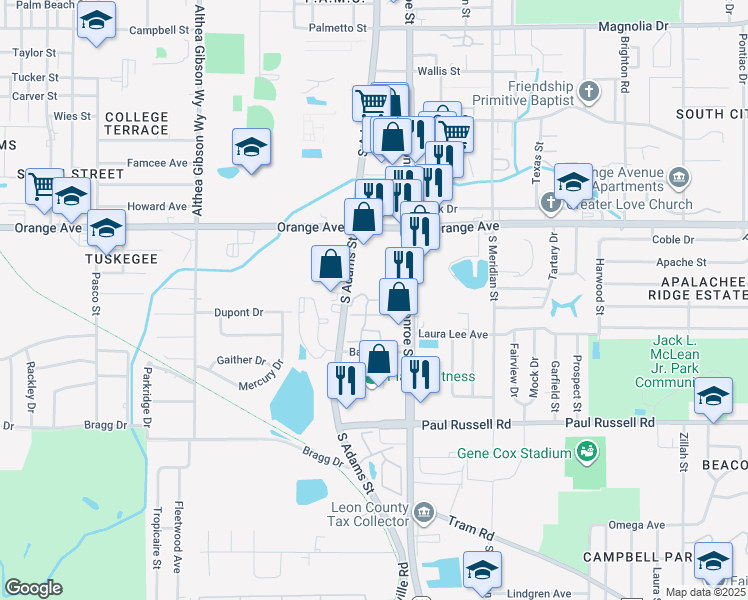 map of restaurants, bars, coffee shops, grocery stores, and more near 2833 South Adams Street in Tallahassee