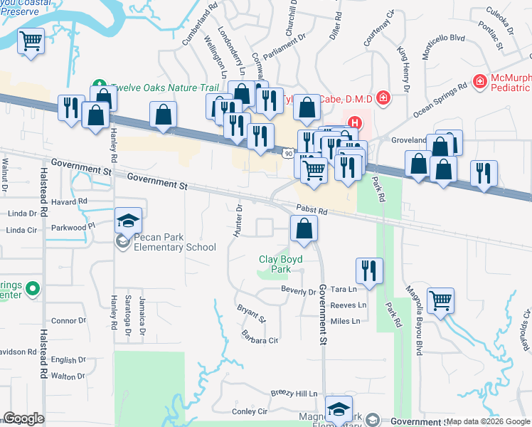 map of restaurants, bars, coffee shops, grocery stores, and more near 106 Roberts Circle in Ocean Springs