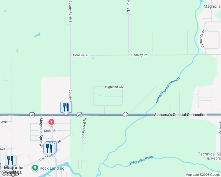 map of restaurants, bars, coffee shops, grocery stores, and more near 15327 Highland Circle in Foley