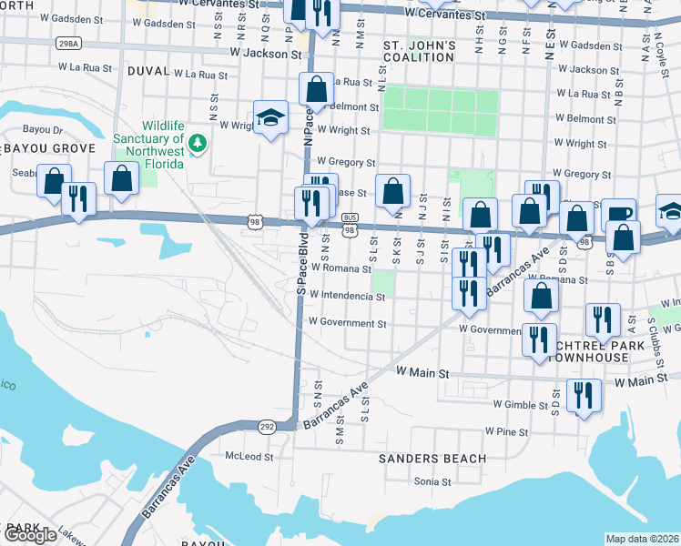 map of restaurants, bars, coffee shops, grocery stores, and more near 2021 West Romana Street in Pensacola