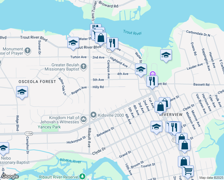 map of restaurants, bars, coffee shops, grocery stores, and more near 2280 Hilly Road in Jacksonville