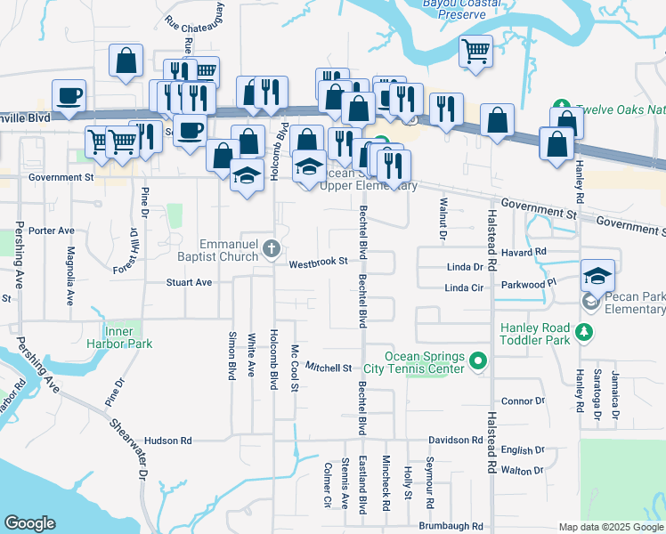 map of restaurants, bars, coffee shops, grocery stores, and more near 431 Bechtel Boulevard in Ocean Springs