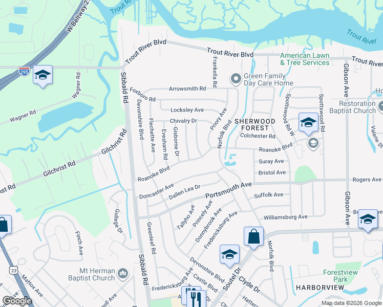 map of restaurants, bars, coffee shops, grocery stores, and more near 5014 Roanoke Boulevard in Jacksonville