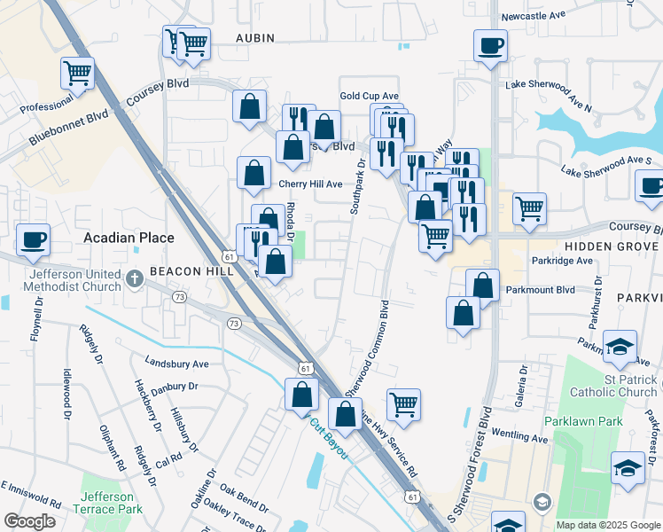map of restaurants, bars, coffee shops, grocery stores, and more near 4560 Southpark Drive in Baton Rouge