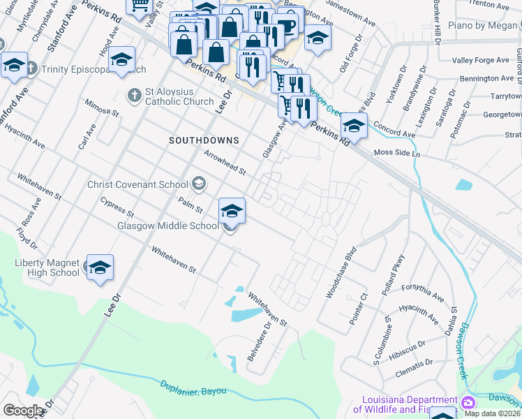 map of restaurants, bars, coffee shops, grocery stores, and more near 4321 Sweetbriar Street in Baton Rouge