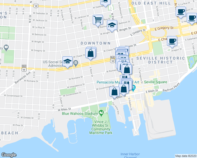map of restaurants, bars, coffee shops, grocery stores, and more near 212 West Intendencia Street in Pensacola