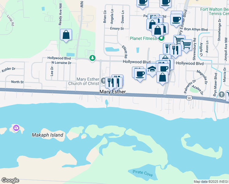 map of restaurants, bars, coffee shops, grocery stores, and more near 142 U.S. 98 in Mary Esther