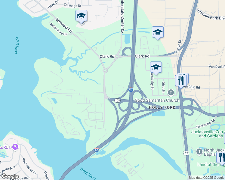 map of restaurants, bars, coffee shops, grocery stores, and more near Motel Place in Jacksonville