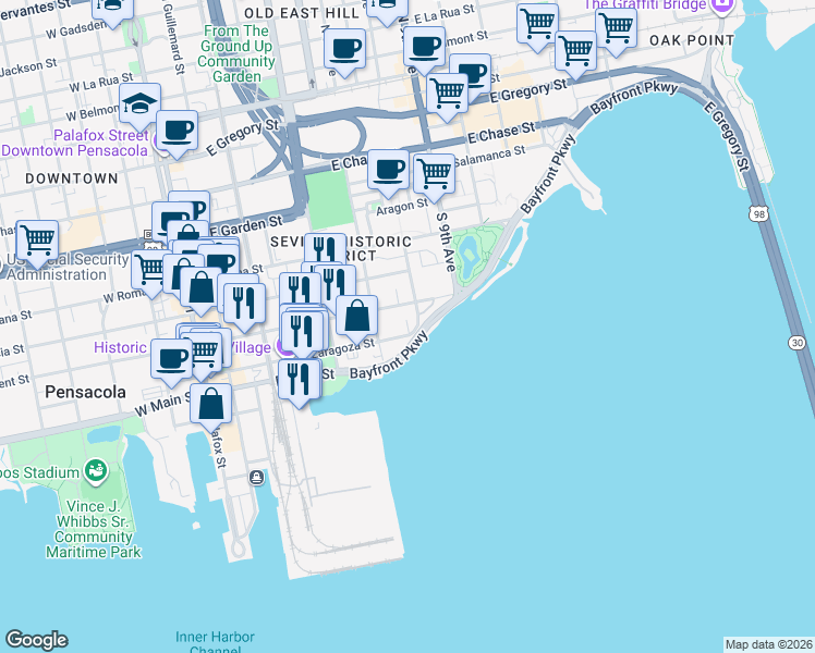 map of restaurants, bars, coffee shops, grocery stores, and more near 500-510 East Zarragossa Street in Pensacola