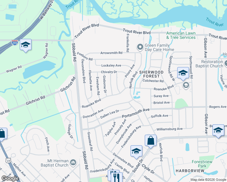 map of restaurants, bars, coffee shops, grocery stores, and more near 5014 Roanoke Boulevard in Jacksonville