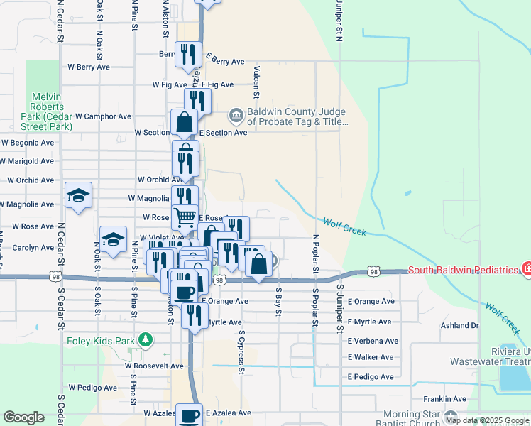 map of restaurants, bars, coffee shops, grocery stores, and more near 304 East Rose Avenue in Foley