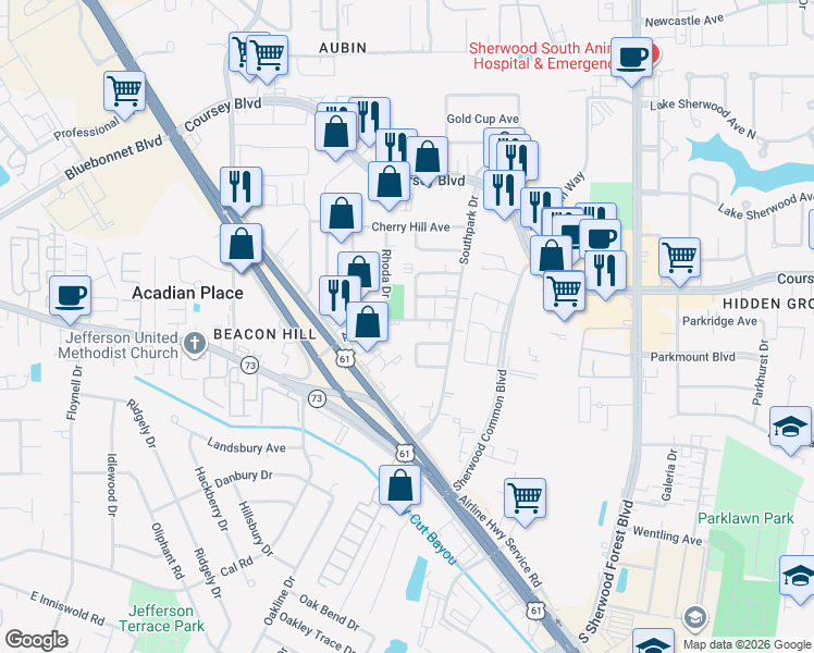 map of restaurants, bars, coffee shops, grocery stores, and more near 4628 North Fuller Place in Baton Rouge