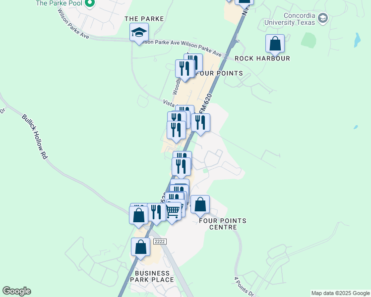 map of restaurants, bars, coffee shops, grocery stores, and more near 7701 North FM 620 in Austin