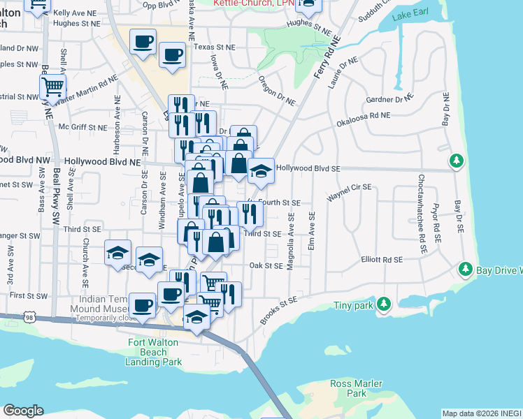 map of restaurants, bars, coffee shops, grocery stores, and more near 204 Fourth Street Southeast in Fort Walton Beach