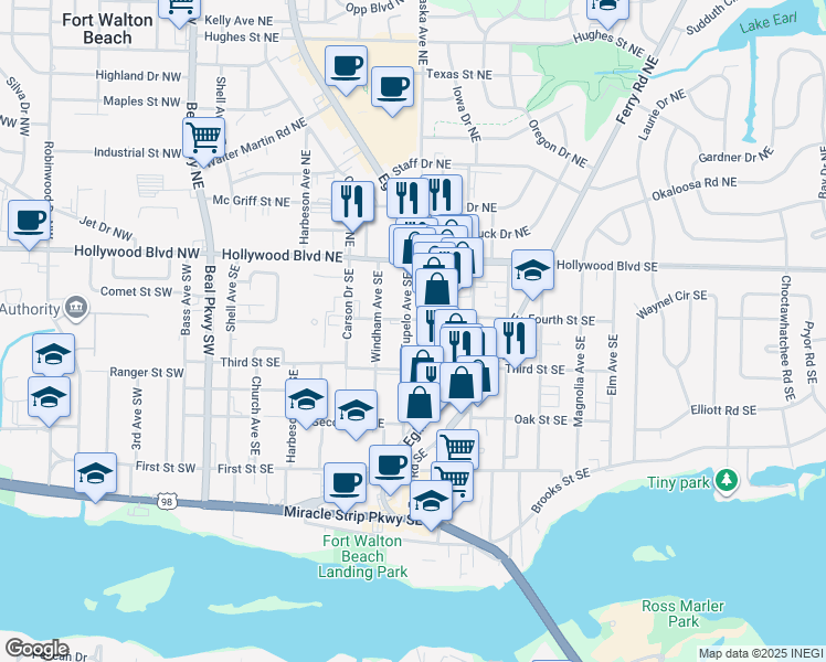 map of restaurants, bars, coffee shops, grocery stores, and more near 42b Tupelo Avenue Southeast in Fort Walton Beach