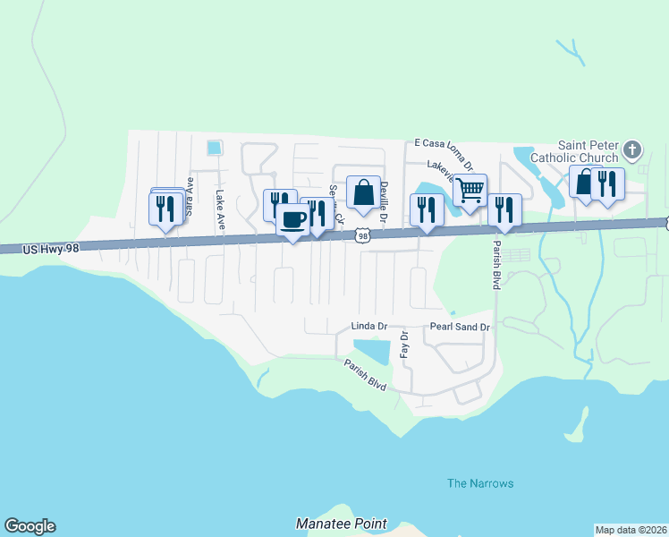 map of restaurants, bars, coffee shops, grocery stores, and more near 2301 U.S. 98 in Mary Esther
