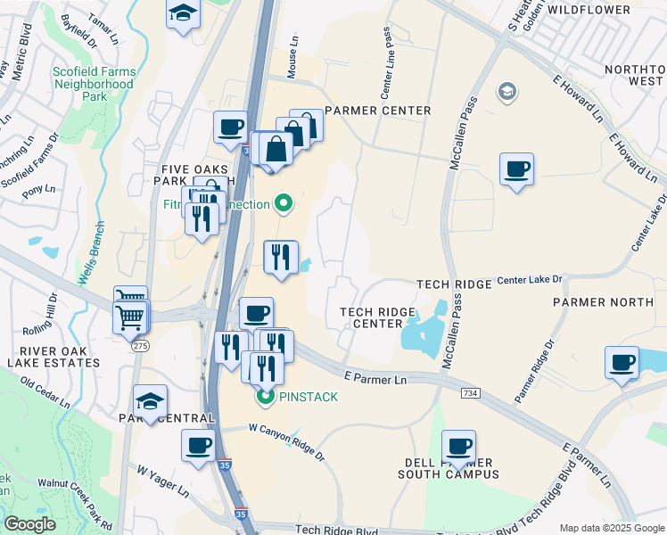 map of restaurants, bars, coffee shops, grocery stores, and more near 701 Center Ridge Drive in Austin