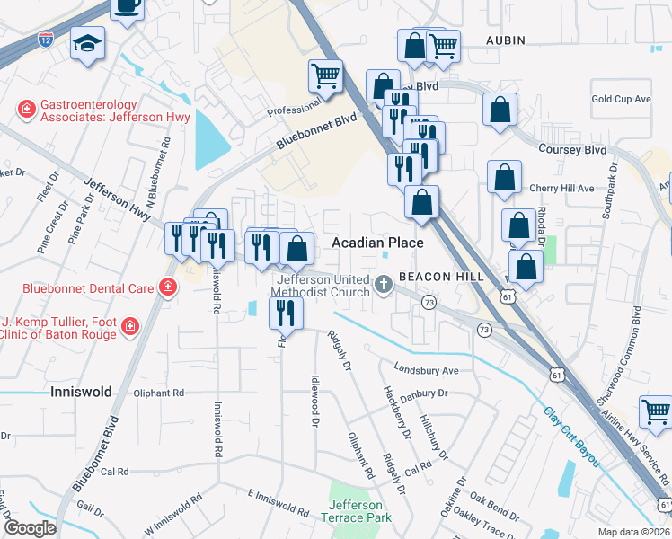 map of restaurants, bars, coffee shops, grocery stores, and more near 10101 Jefferson Highway in Baton Rouge
