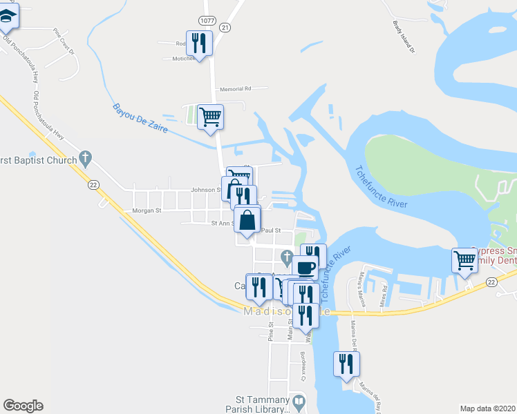 map of restaurants, bars, coffee shops, grocery stores, and more near 201 Rampart Street in Madisonville