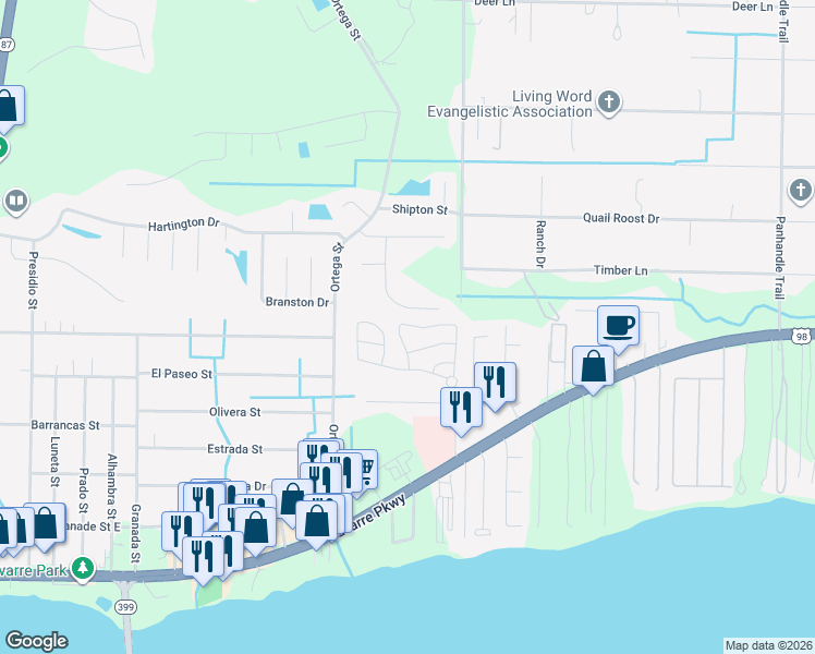 map of restaurants, bars, coffee shops, grocery stores, and more near 2073 Wilsons Plover Circle in Navarre