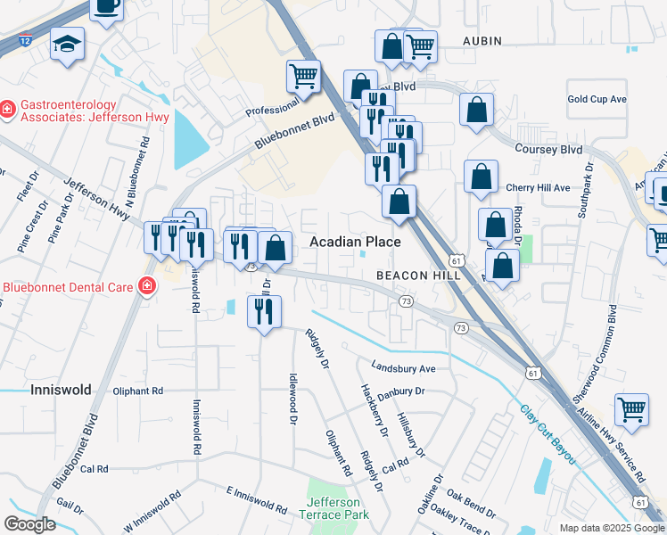map of restaurants, bars, coffee shops, grocery stores, and more near 4451 Bea Drive in Baton Rouge