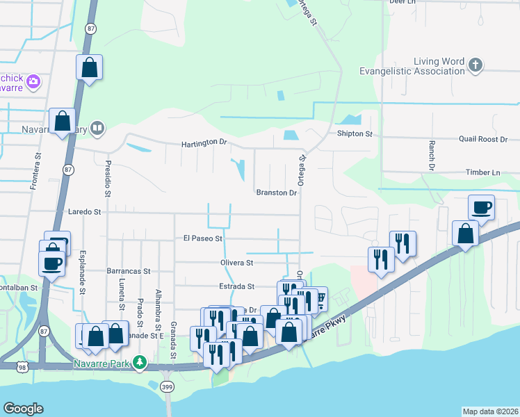 map of restaurants, bars, coffee shops, grocery stores, and more near 8733 Laredo Street in Navarre