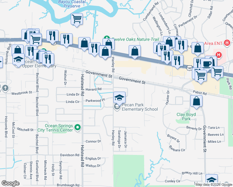 map of restaurants, bars, coffee shops, grocery stores, and more near 2605-2699 Parkwood Place in Ocean Springs