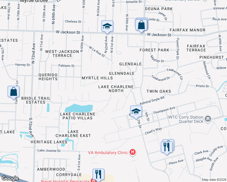 map of restaurants, bars, coffee shops, grocery stores, and more near 286 South 61st Avenue in Pensacola