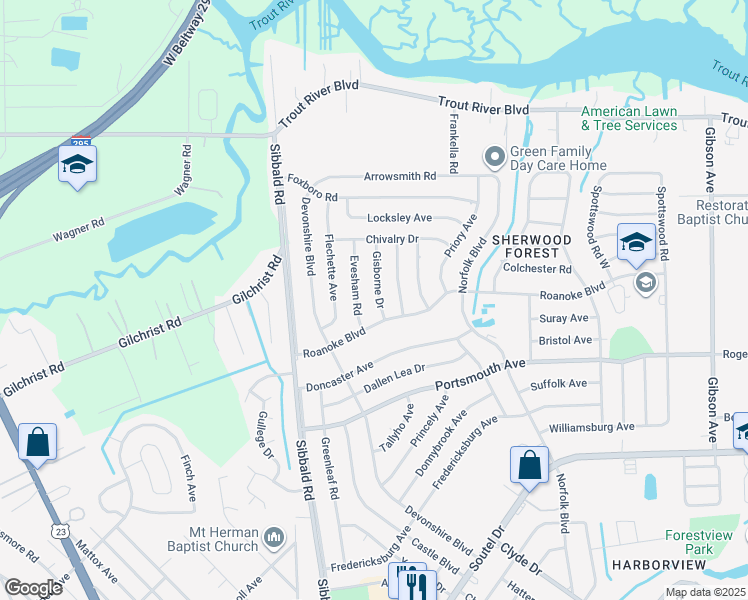 map of restaurants, bars, coffee shops, grocery stores, and more near 5119 Roanoke Boulevard in Jacksonville