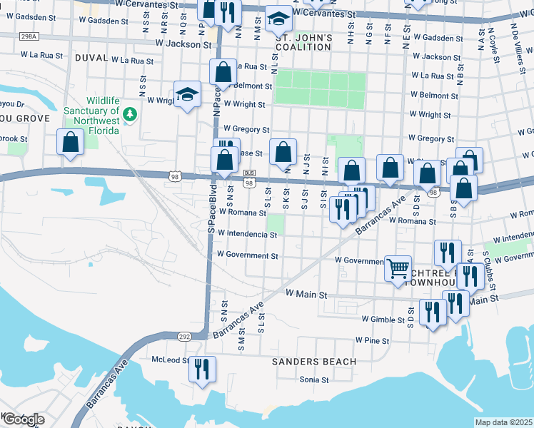 map of restaurants, bars, coffee shops, grocery stores, and more near 200 South L Street in Pensacola