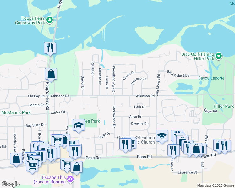 map of restaurants, bars, coffee shops, grocery stores, and more near 2189 Atkinson Rd in Biloxi