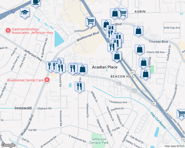 map of restaurants, bars, coffee shops, grocery stores, and more near 10101 Jefferson Highway in Baton Rouge