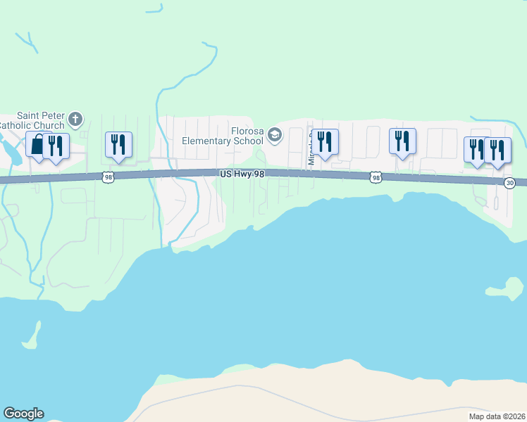 map of restaurants, bars, coffee shops, grocery stores, and more near 1699 U.S. 98 in Mary Esther