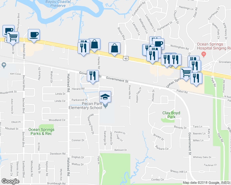 map of restaurants, bars, coffee shops, grocery stores, and more near 139 Lafayette Circle in Ocean Springs