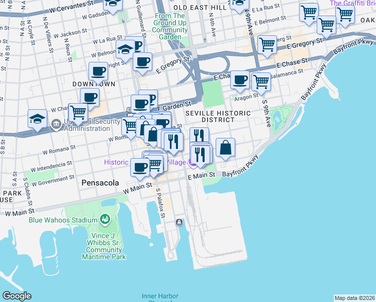 map of restaurants, bars, coffee shops, grocery stores, and more near 201 East Government Street in Pensacola
