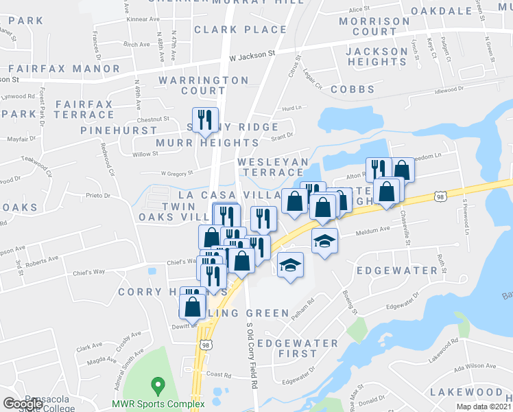map of restaurants, bars, coffee shops, grocery stores, and more near 190 North Old Corry Field Road in Pensacola